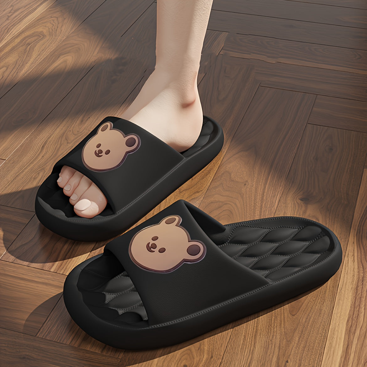 Women'S Soft Sole Little Bear Design Slides: Comfort And Quick Drying for Home Showering in Solid Colors, Women Shoes