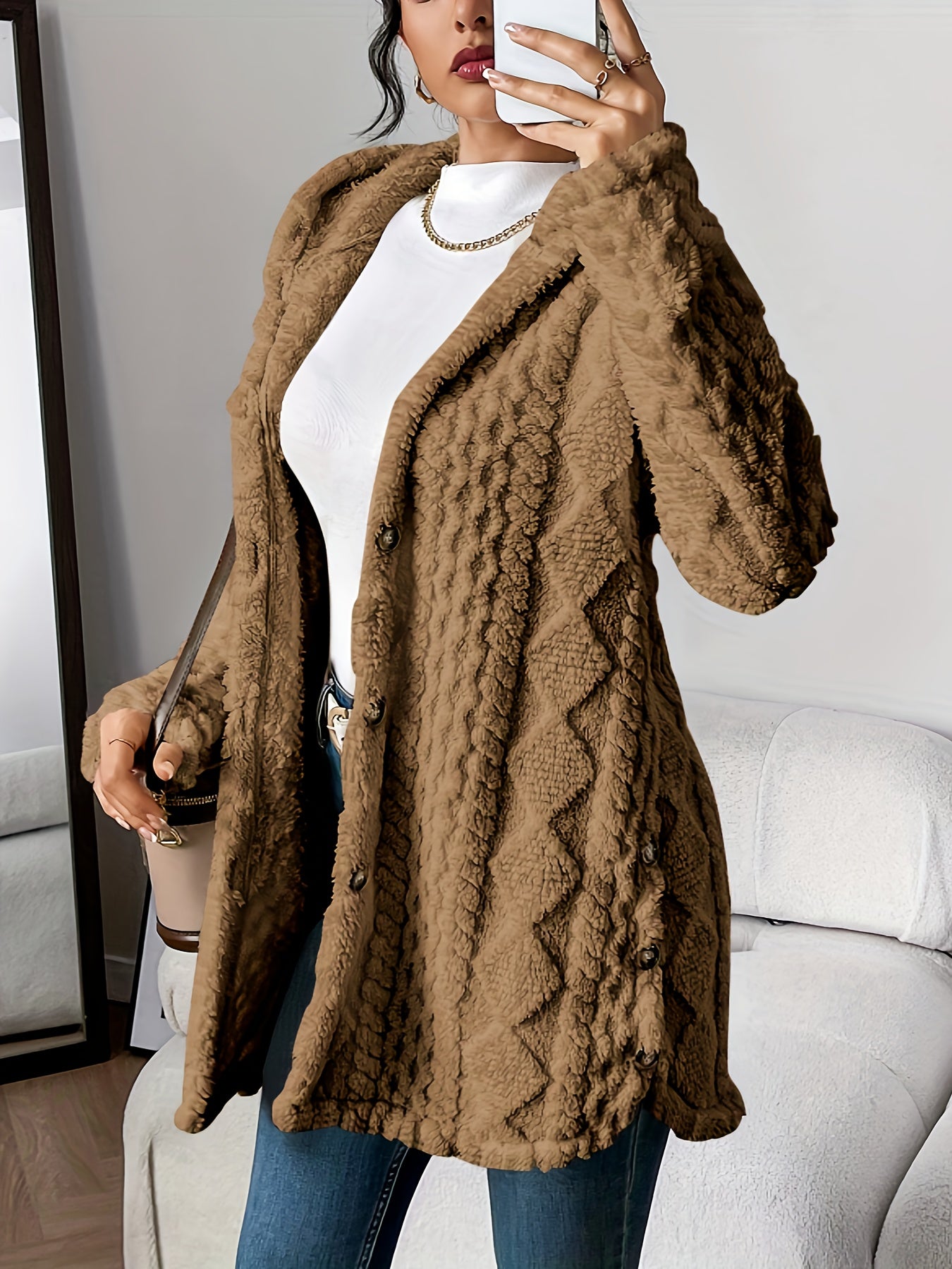 Autumn-Winter Warm Fashion Jacquard Plush Hooded Cardigan Coat
