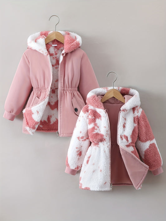 [Reversible | Faux Fur] Reversible Faux Fur Jacket | Girls' Autumn Winter Cozy Comfortable Warm Thick Hood Long Sleeves Zip-Up Stylish Outerwear