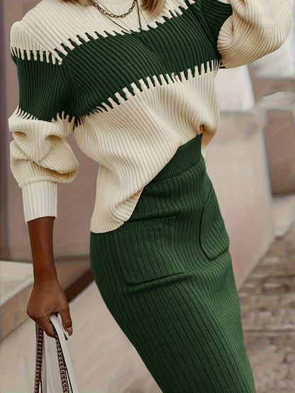 High Neck Pullover Skirt Split Two-Piece Color Block Contrast Thick Long Sleeve Sweater Set, Winter Wardrobe, Elegant Style, Color Block Design, Thick Fabric, Pullover Top, Long Sleeve Skirt, Women'S Fashion, Office Wear
