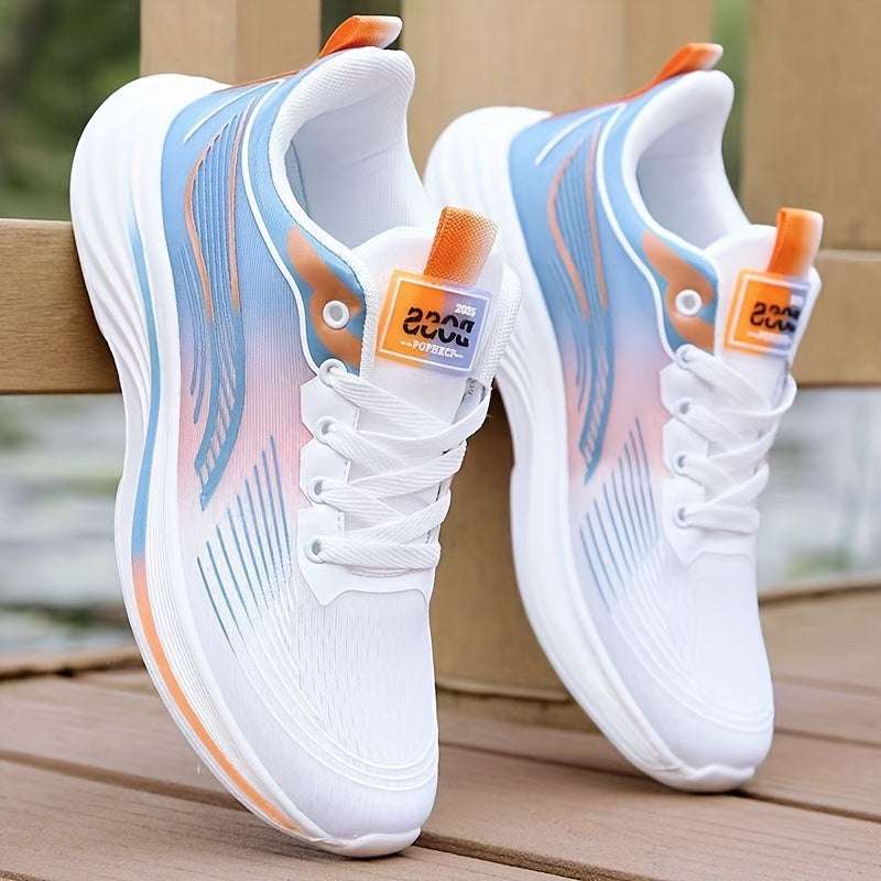 Men's Breathable Mesh Running Shoes - Lightweight Low-Top Design with EVA Cushioned Sole, Vibrant Blue and Orange Color Scheme, White Laces, Ideal for Fitness, Training, and Casual Wear. Sneakers with Elegant Sporty Style and Fabric Upper