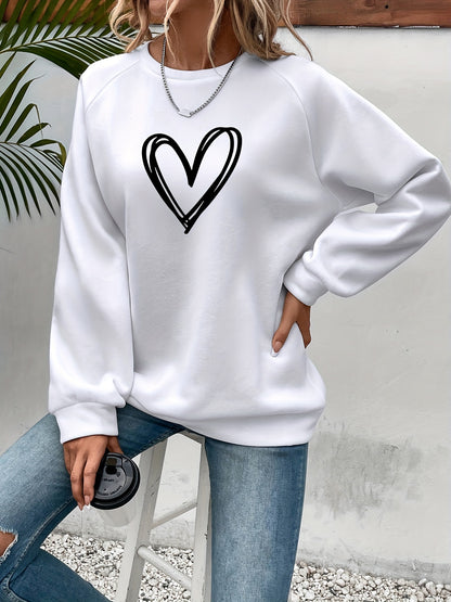 Cozy Fleece-Lined Women's Heart Print Sweatshirt - Casual Long Sleeve Crew Neck Pullover, Perfect for Fall & Winter, Machine Washable, Grey with Black Heart Design