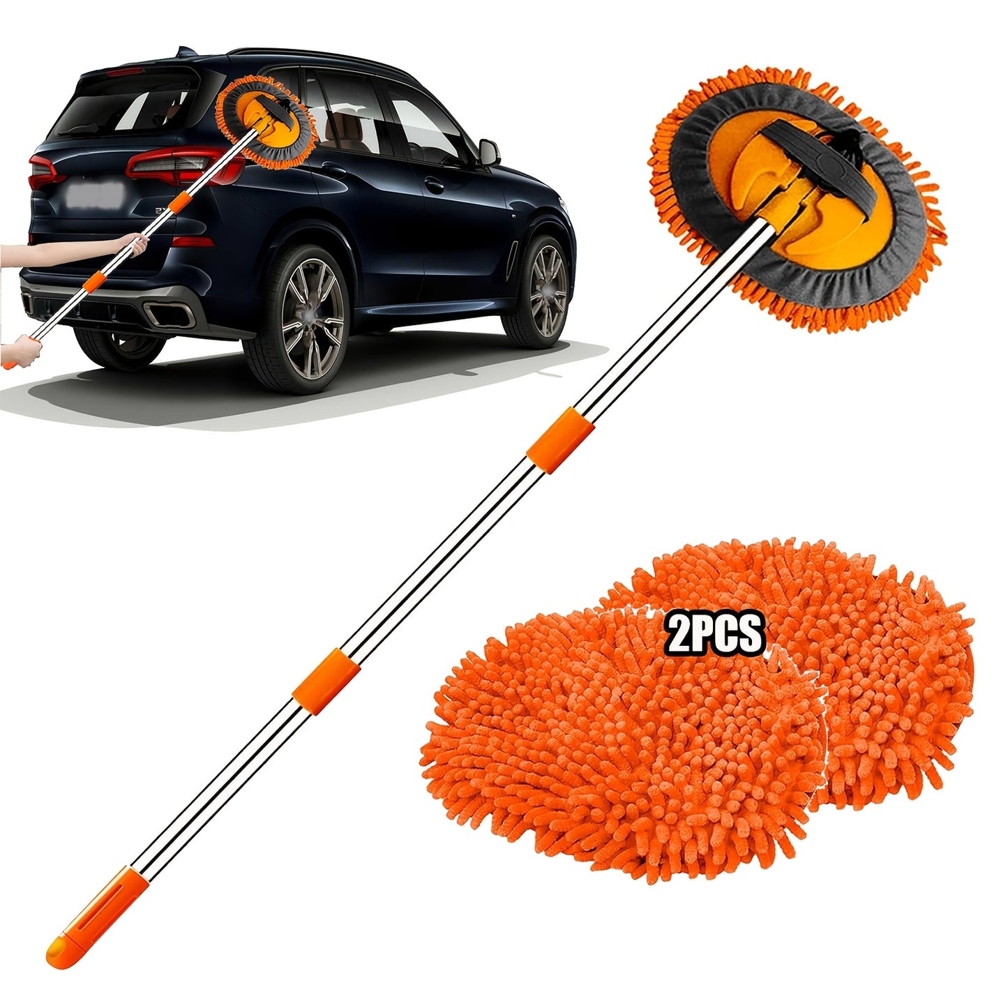 47.5Inch Microfiber Car Wash Brush Mop Set, Chenille Microfiber Sponge Duster No Paint Damage No Scratches, Long Handle Kit 2in 1 for Cleaning Cars, Trucks, SUVs, RVs, Trailers, Boats