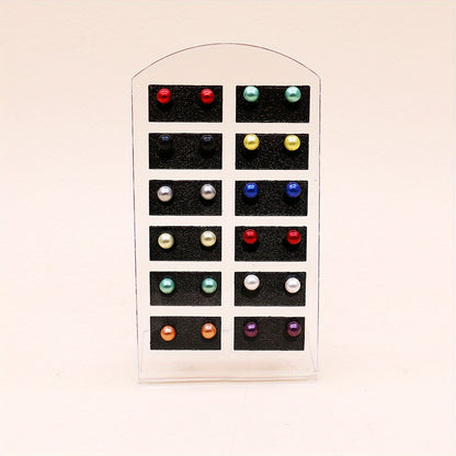 [Elegant Pearl Earrings] 12 Pairs Colorful Faux Pearl Elegant Stud Earrings | Resin Jewelry Minimalist Style Trendy Female Gift Daily Casual