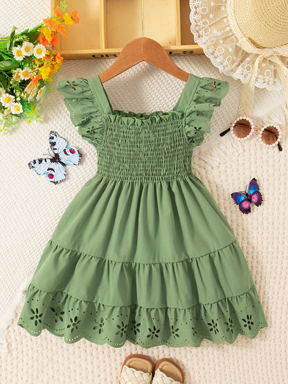 Girls' Casual Dress, Summer Daily Casual Outing, Square Neckline Sleeveless Small Flutter Sleeve Design, Gathered Waist, Solid Color, Knee-Length