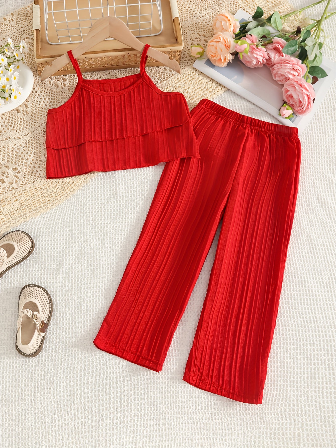 Little Girl's Summer Plain Vest 2pcs Set with Straight Trousers, Fashionable and Elegant Children's Clothing., Perfect for Outdoor