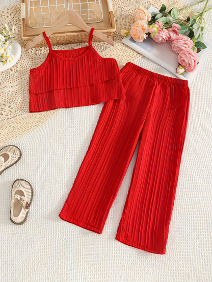 Little Girl's Summer Plain Vest 2pcs Set with Straight Trousers, Fashionable and Elegant Children's Clothing., Perfect for Outdoor