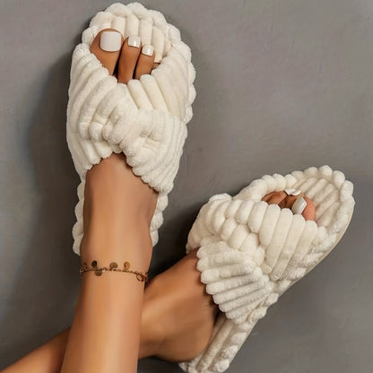 Women'S Cozy Fabric Slip-On Slippers with Braided Straps - Soft Beige Cross-Strap Design, Comfortable Home Shoes for All Seasons, Perfect for Relaxing at Home, Allseason Slippers | Braided Straps Slippers | Fabric Upper Slippers