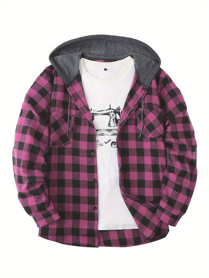 Men'S Sporty Hooded Sweatshirt - Red & Plaid Jacket with Button Front Closure, Non-Stretch Fabric for Gym, Casual Outfits - Everyday Streetwear Pullover Hoodie, Gym Apparel, Sporty Design, Durable Construction, Active Lifestyle, Sporty Style