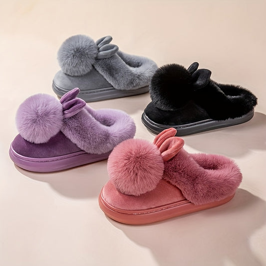 2025 New Autumn & Winter Single Ball Rabbit-Ear Design Warm Slippers for Men & Women - Couples' House Shoes with Thick Sole & Semi-Enclosed Back | Indoor/Outdoor Slides | Lightweight & Quiet Home Footwear | Cozy Solid-Color Pair, Best for Christma