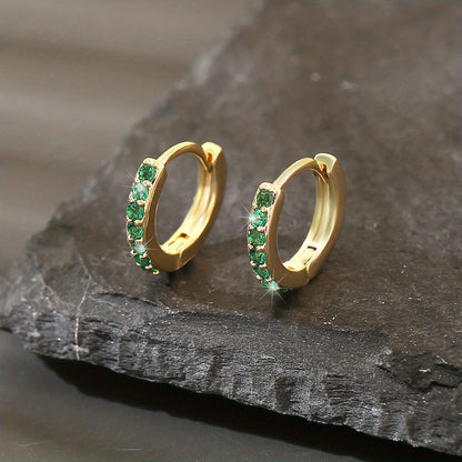 Trendy Copper Earrings with Green Zirconia, Unique Hip-Hop Style, Perfect for a Date Gift, Dazzling Circular Design