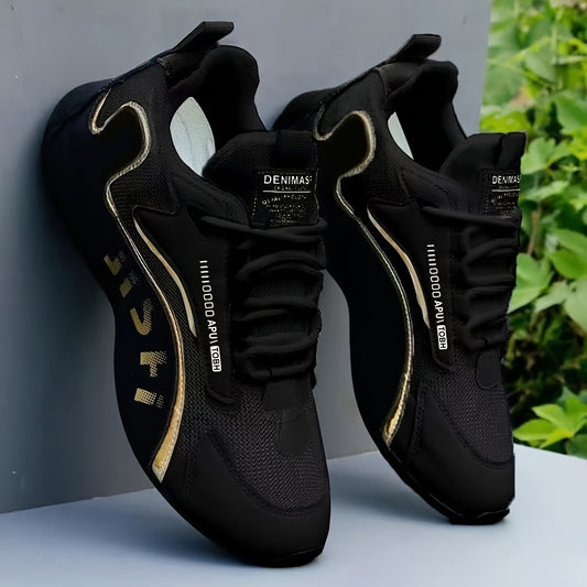 Men'S Stylish Sneakers - Casual Sports Shoes with Golden Accents, Featuring a White Upper, Black And Golden Design, Lace-Up, Round Toe, Low-Top, And Fabric Lining, Perfect for Casual Outfits And Outdoor Activities