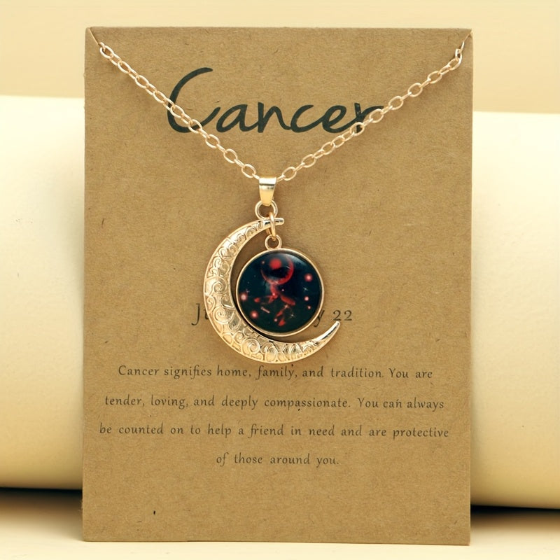 1pc Retro Glow-In-The-Dark Zodiac Moon Pendant Necklace - Vintage Style, Zinc Alloy with Accents, Adjustable Chain for Women - Ideal for Daily Wear & Gifting, Zodiac Jewelry, Gift Jewelry, Vintage Jewelry, Durable Jewelry