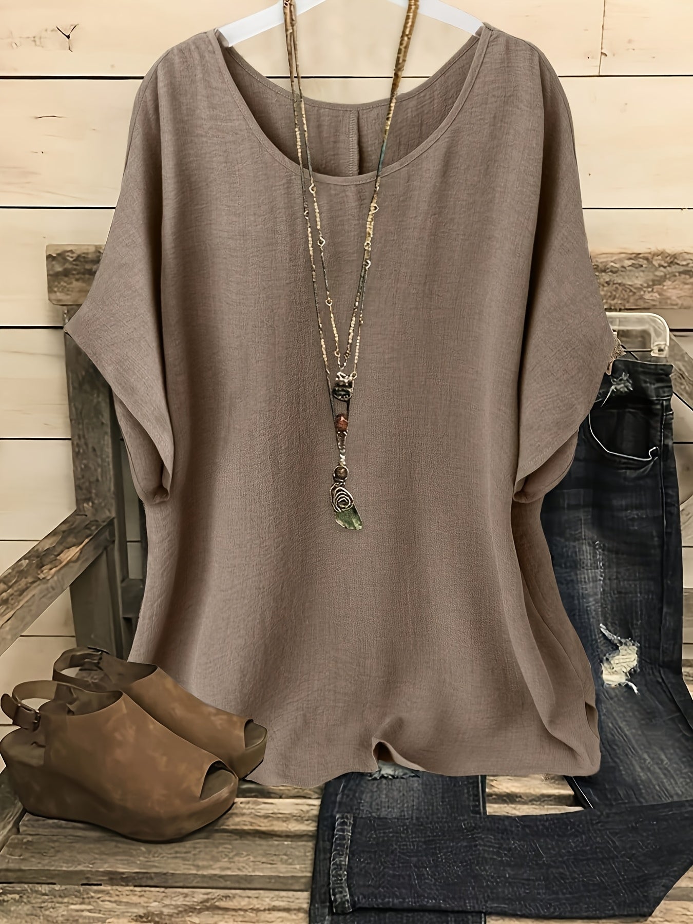 Casual Women'S Summer Top | Crew Neck, Short Sleeves, Loose Fit, Solid Color, Machine Washable, Ideal for Beach And Vacation Outings