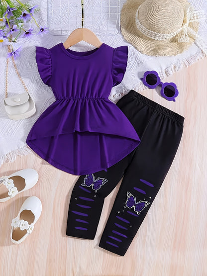 A Set of Two Items, Featuring a Ruffled Sleeve Round-Neck T-Shirt And Butterfly Patterned Pants, Perfect for a Stylish Summer Gift, for Outdoor