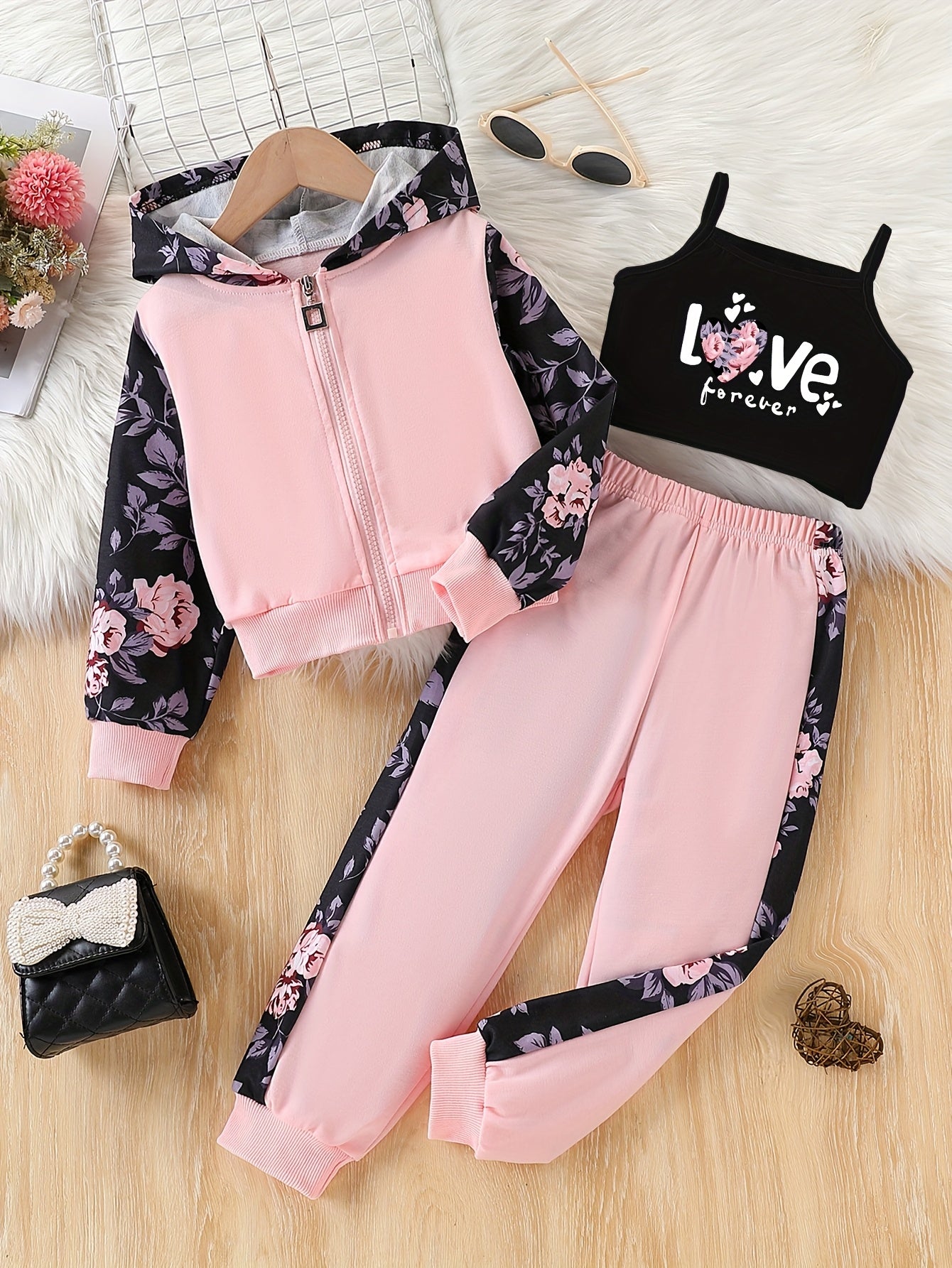 3pcs Set for Girls: Spring/Autumn Fashion Cartoon Flower and "Love" Letter Print Zipper Hooded Cardigan Jacket with Camisole Long Pants, New Cute Baby Children's Girls' Outdoor 3pcs Set, Perfect for Outdoor