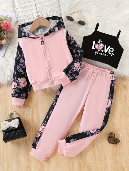 3pcs Set for Girls: Spring/Autumn Fashion Cartoon Flower and "Love" Letter Print Zipper Hooded Cardigan Jacket with Camisole Long Pants, New Cute Baby Children's Girls' Outdoor 3pcs Set, Perfect for Outdoor