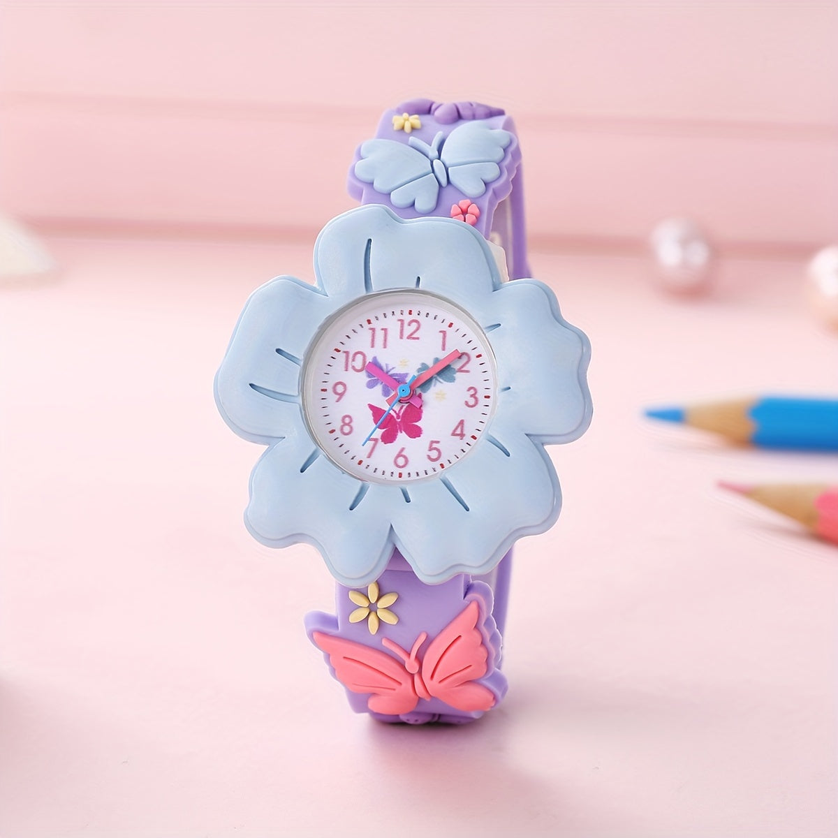[3D Flower Butterfly Watch] Cute 3D Flower & Butterfly Watch with Soft PVC Case - Youngsters's Learning Clock, Analog Quartz Movement Wristwatch for &, - (Low Voltage)