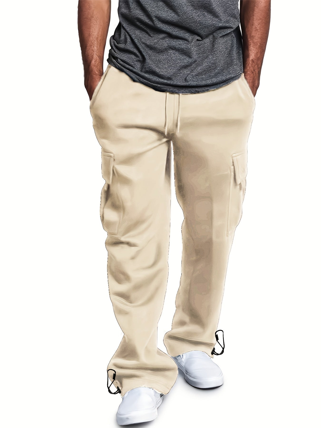 [Micro Elastic Underpants] Warmth Micro Elastic Men's Underpants Work Pants | Long Pants with Velvet Thickening Cold Protection Soft Light Beige-friendly Non-Ball Stretch Waistband Tied Feet Straight Two-Wear Loose Multi-Pocket Street Sports Casual Trendy