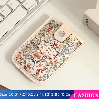 Vintage Floral Pattern Pull-Out Multi-Card Slot ID Holder, Large Capacity Compact Ultra-Thin Synthetic Leather Card Case with Snap Closure