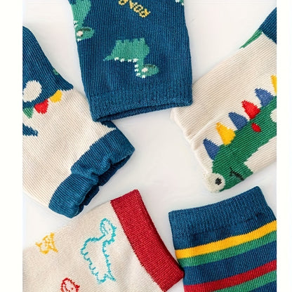 5 Pairs of Cartoon Dinosaur 5 Pairs of Boys Casual Fashion Knitted Breathable Sailor Socks Print Socks Socks, Boys Socks