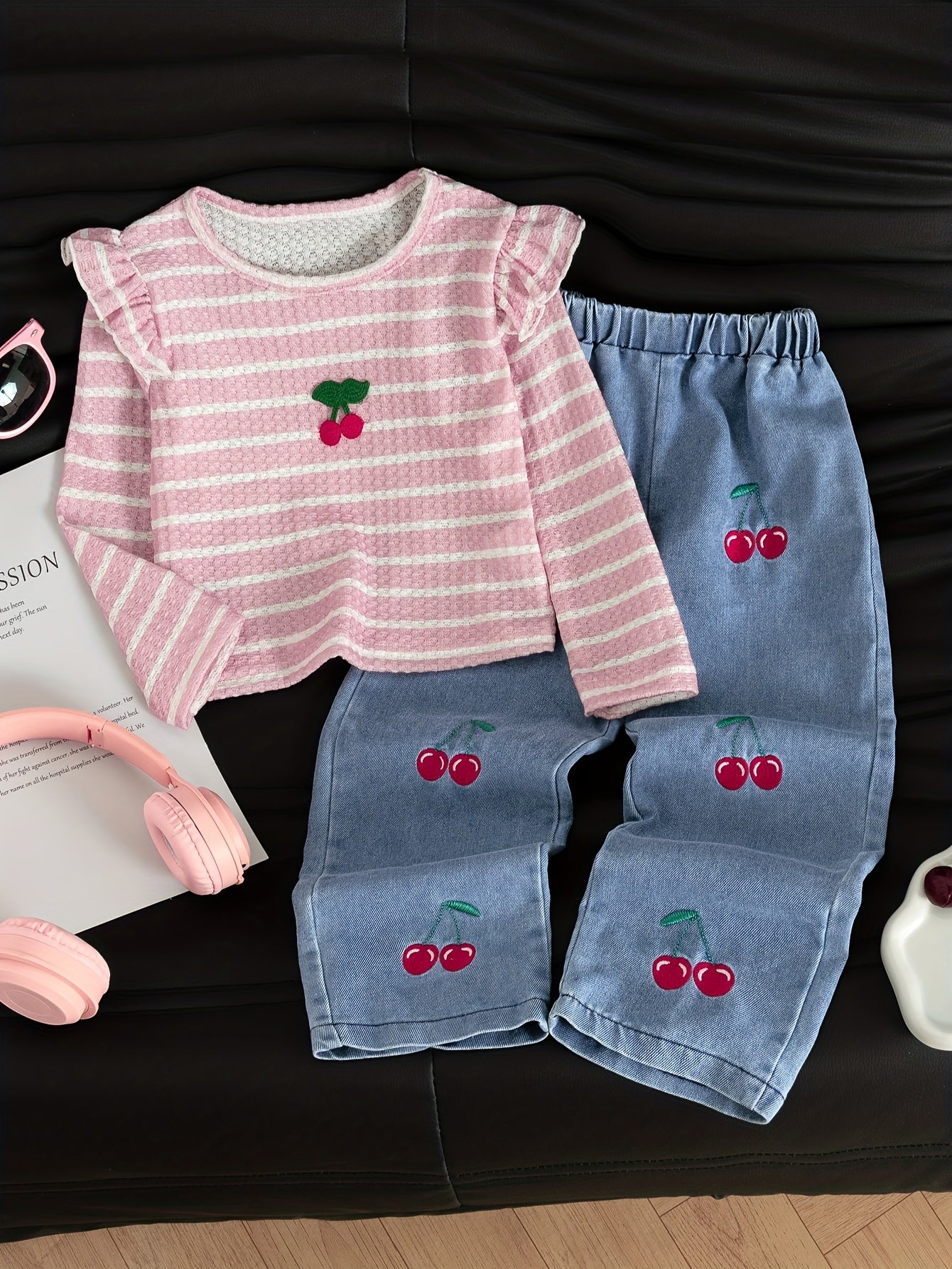 New Spring And Autumn Girls' Cute Ruffled Cherry Long-Sleeved Shirt/Cherry Embroidered Denim Long Pants Set 2pcs Set, for Outdoor
