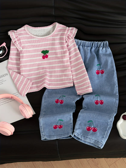 New Spring And Autumn Girls' Cute Ruffled Cherry Long-Sleeved Shirt/Cherry Embroidered Denim Long Pants Set 2pcs Set, for Outdoor
