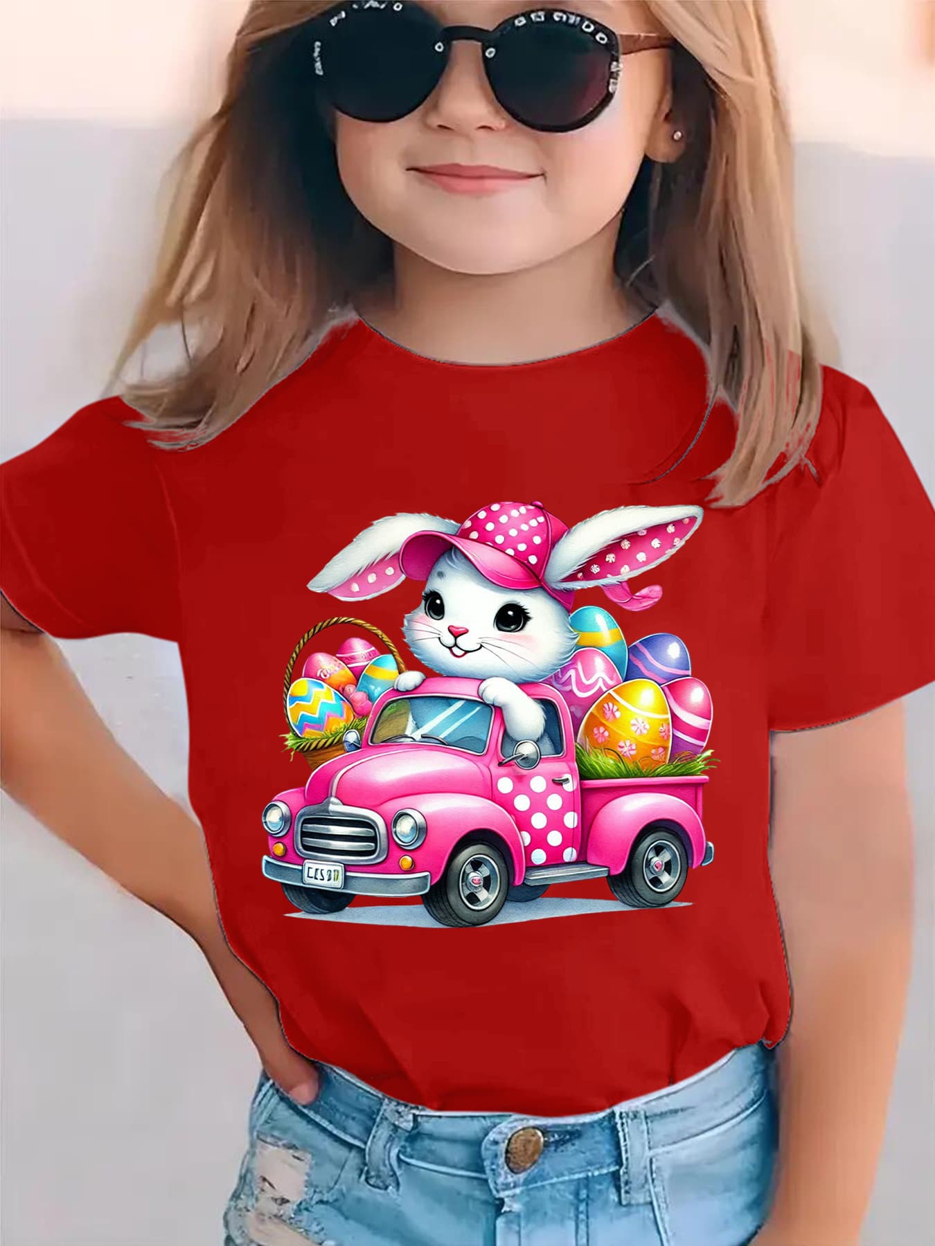 Girls' Easter Bunny Driving with Eggs Short Sleeve T-Shirt - Cute & EASTER Lettering Spring Summer Casual Round Neck Blouse for Easter Egg Hunt Outfits NY-DX5447