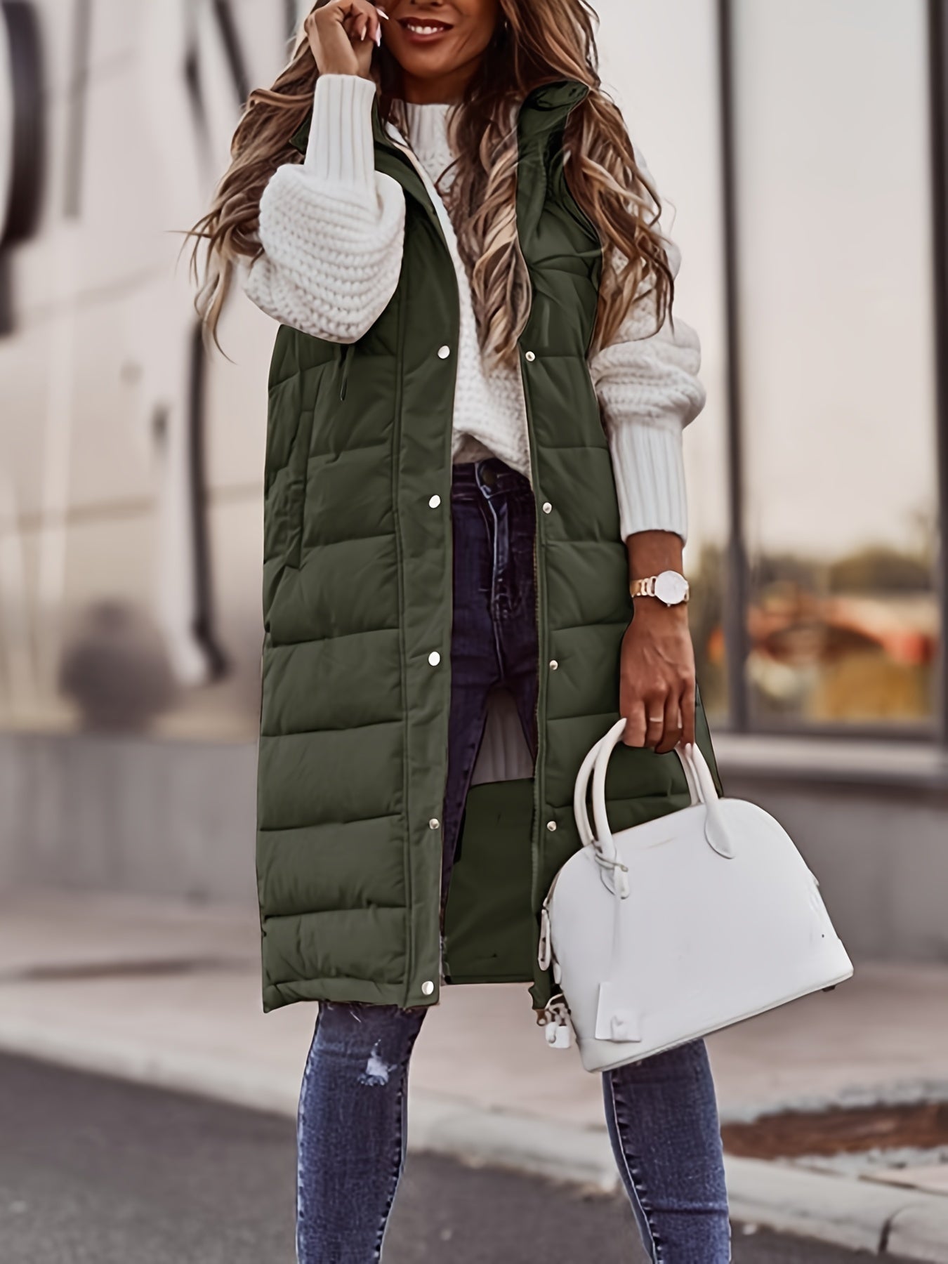 Solid Color Single-Breasted Long Padded Hooded Coat, Slim Fit Elegant Cardigan, Warm Pocket Vest