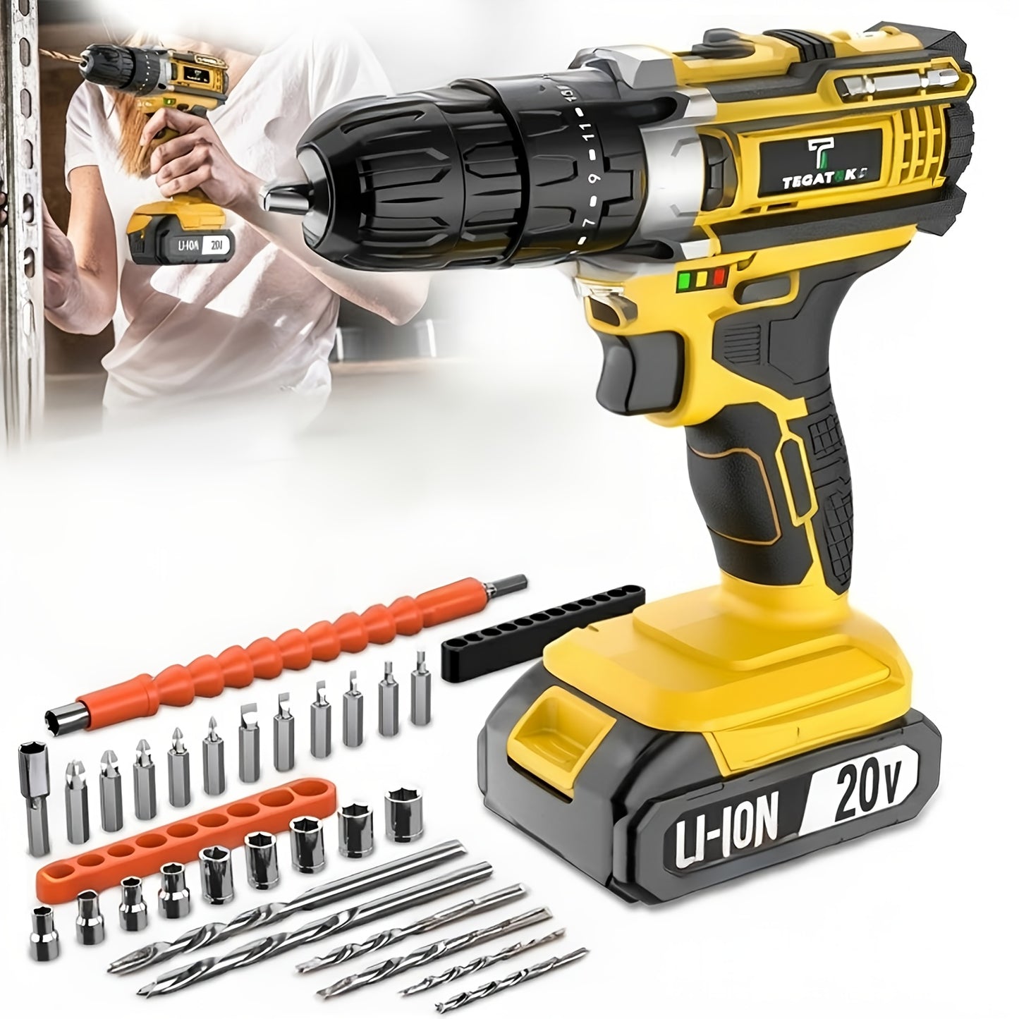 20V Industrial Electric Cordless Impact Drill, Drilling Concrete Walls, Powerful Performance, Easy to Drill Holes, Can Tighten Screws, 3/8-inch Keyless Chuck, 18+3 Torque Setting, Built-in LED Light, 35Nm Maximum Torque, 2.0Ah Battery, Perfect Gift
