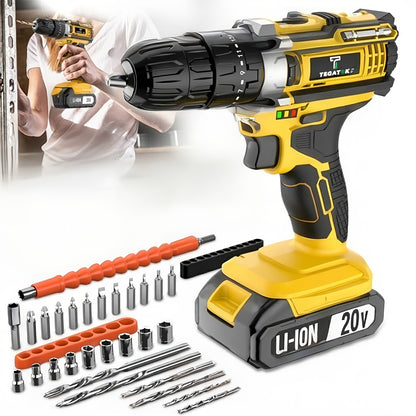 20V Industrial Electric Cordless Impact Drill, Drilling Concrete Walls, Powerful Performance, Easy to Drill Holes, Can Tighten Screws, 3/8-inch Keyless Chuck, 18+3 Torque Setting, Built-in LED Light, 35Nm Maximum Torque, 2.0Ah Battery, Perfect Gift