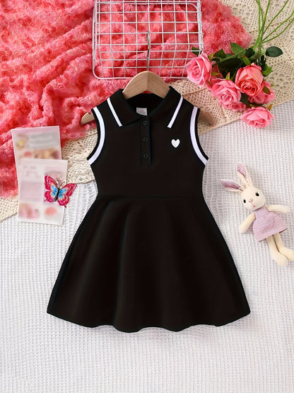 Summer Fashion Sleeveless Polo Dress for Girls with a Heart Print, Knee-Length Casual Outfit