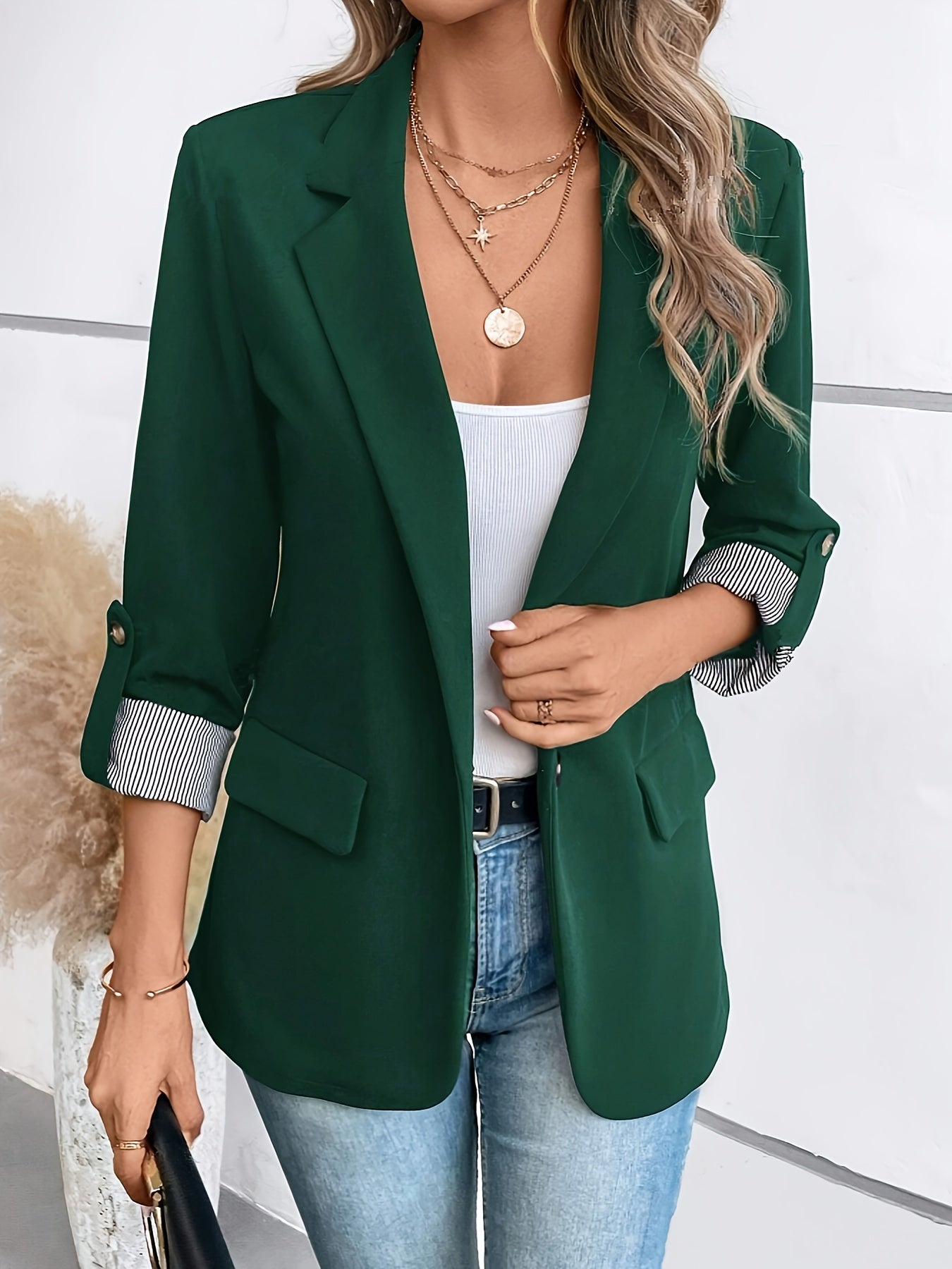 Stylish Women's Blazer with Striped Cuff Detail - 100% Polyester, Single Button Closure, Regular Fit, Long Sleeves, Perfect for Spring & Fall Casual or Semi-Formal Wear, Casual Women's Wear | Versatile Fashion | Polyester Fabric
