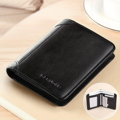 [RFID Wallet] A Men's Genuine Leather RFID Blocking Wallet - Ultra-Thin Foldable Design, Featuring 2 ID Card Slots, Large Capacity for Cash And Cards, Gold-Tone Hardware, And Anti-Theft Design