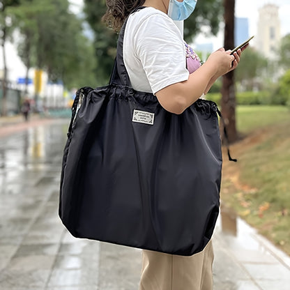 Large Reusable Women's Drawstring Tote Bag, Foldable Shoulder Shopping Bag with Washable Design for Grocery Shopping