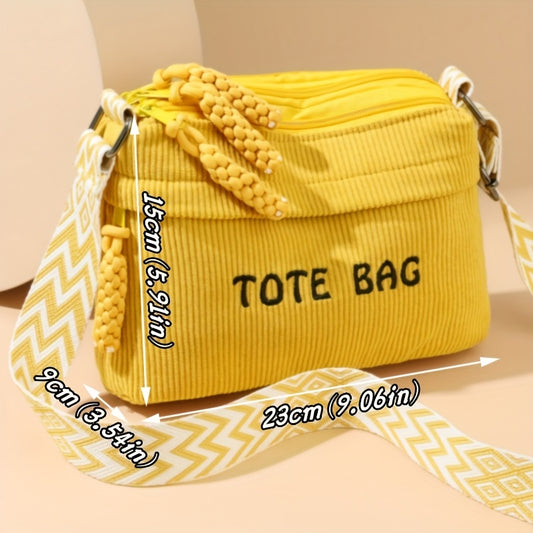 Fashion Corduroy Tote Bag with Letter Print, Multi-compartment Multiple Zippers Adjustable Strap, Ideal for Daily Use Shopping & Outings, Great Gift Option