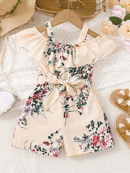 HWMFSNHFZ Girls' Off-Shoulder Floral Print Jumpsuit with Ruffled Sleeves & Waist Bow - Vibrant Pink & Green Summer Casual Outfit, Short Sleeveless Dress for Playdates & Outings, Playful Design, Comfortable Fit, for Outdoor