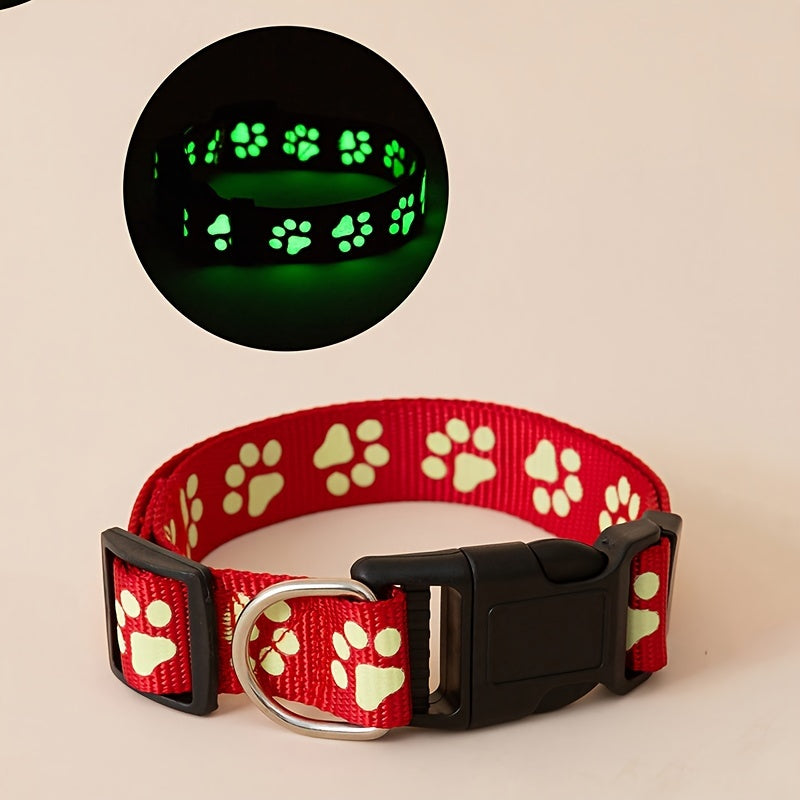 [1pc Glow Dog Collar Adjustable] 1pc Paw Print Glow in the Dark Dog Collar, Adjustable Head and Snap Buckle, Polyester Material, Animal Print Pattern, Night Visibility for Indoor and Outdoor Use
