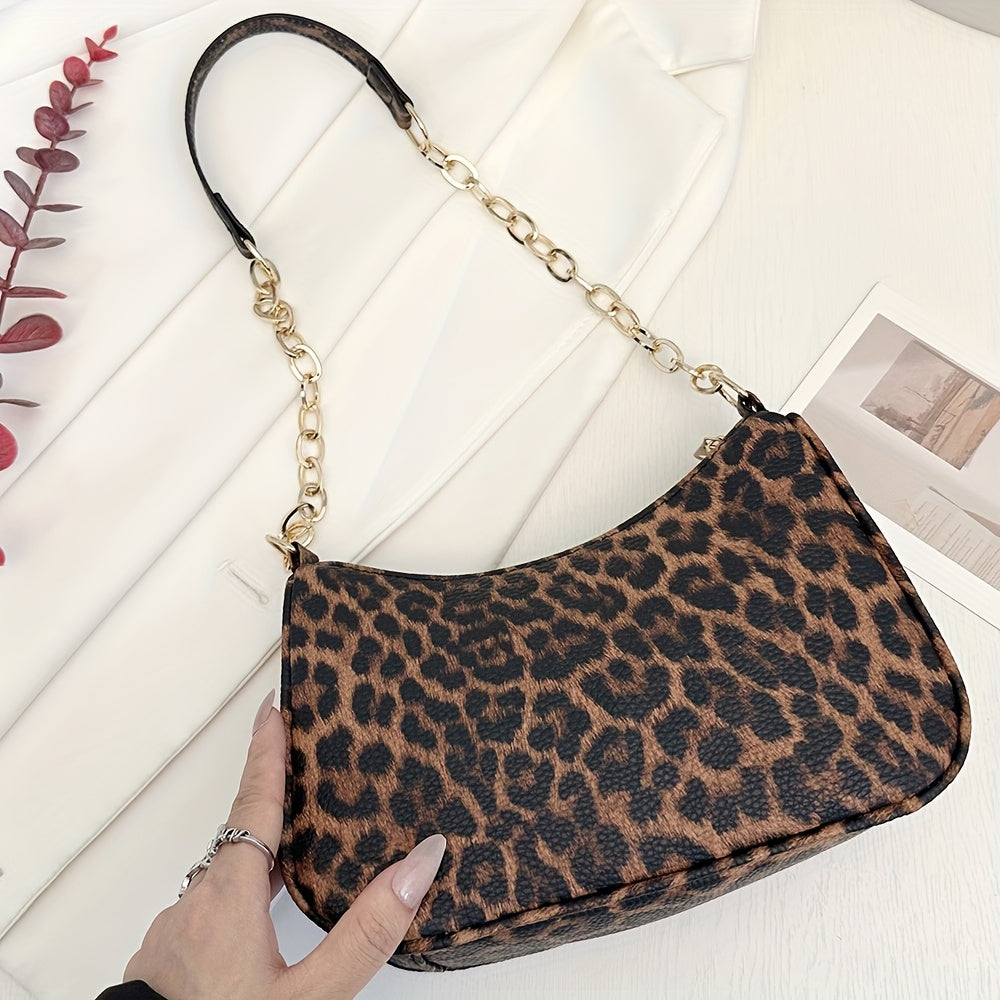 Fashion Women's Leopard Print Shoulder Bag, Crescent Moon Bag, PU Material Scratch- and Wear-, Suitable for Shopping, Dating, Outings, Parties, and Commuting, Adjustable Strap with Suitable Length, Elegant, Simple, Casual, and Trendy Color-Blocked
