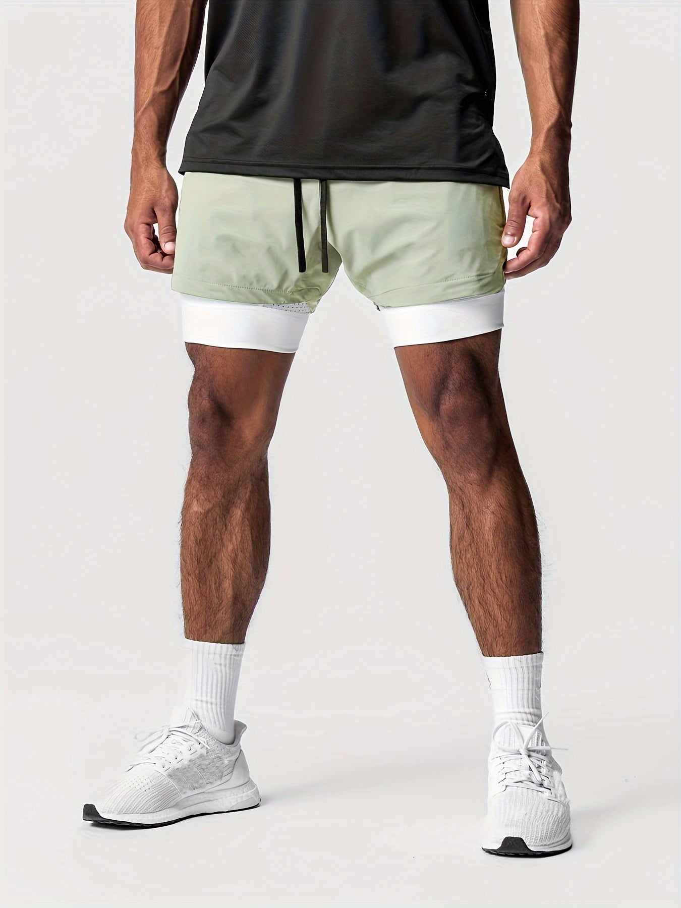 2-in-1 Double Layer Shorts With Inner Pocket, Men's Quick Dry Sports Shorts For Summer Gym Workout Training