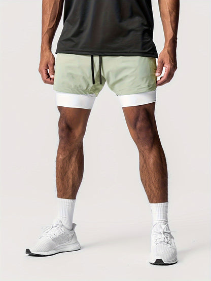 2-in-1 Double Layer Shorts With Inner Pocket, Men's Quick Dry Sports Shorts For Summer Gym Workout Training