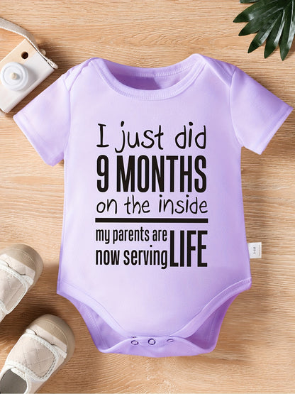 Baby Triangle Jumpsuit I Just Did 9 Months on The Inside My Parents Are Now Serving Life Letter Print Newborn Cute Short-Sleeved Romper Onesie, for Outdoor