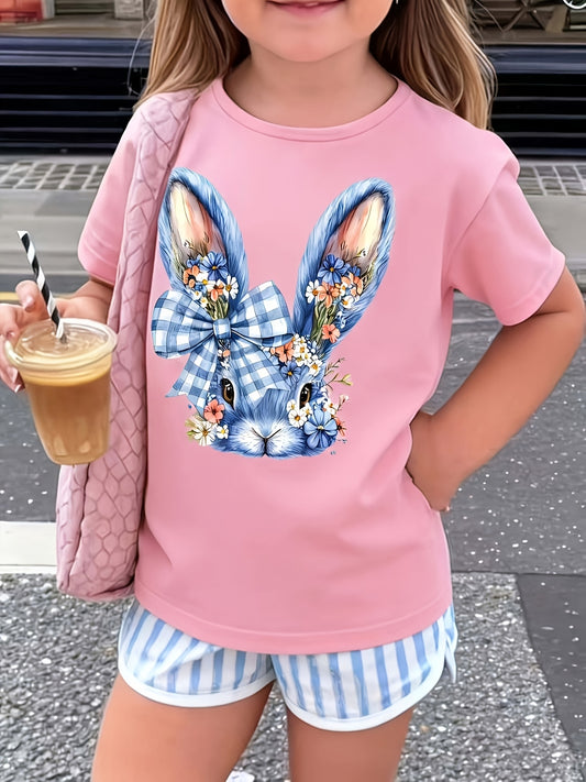 This Is an Adorable Blue and White Plaid Bow Bunny Floral Print White Short-sleeved, Machine-washable Cute Outfit, Suitable for Outdoor Sports, Dancing, and Shopping. It's a Fun, Lively Trend for Boys, Girls, and Teens Aged 3 and Up