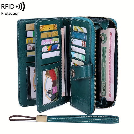Multifunctional RFID Blocking Long Wallet -arge Capacity Vintage Solid Color Coin Purse With Zipper & Wristband Multi-card Slot Long Clutch Purse Card Holder