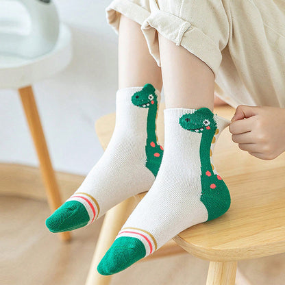 5-Pack All-Season Children's Socks, Spring/Autumn Cartoon Neck Dragon Dinosaur Mid-Calf Socks for Boys and Girls, Baby Socks