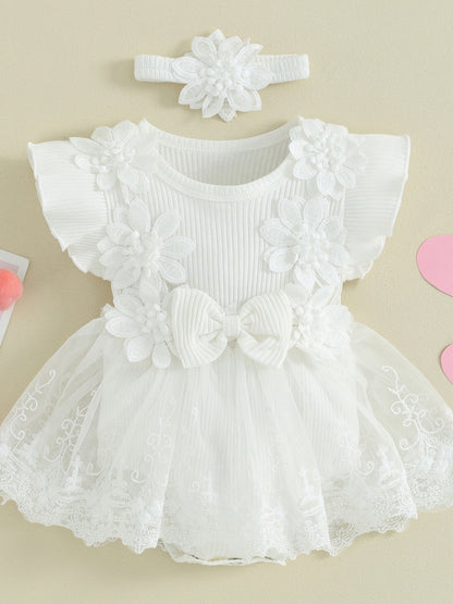 Girl 2pcs Outfits Mesh Lace Patchwork Ruffle Romper Dress and Headband Cute Fashion Summer Clothes, Perfect for Outdoor