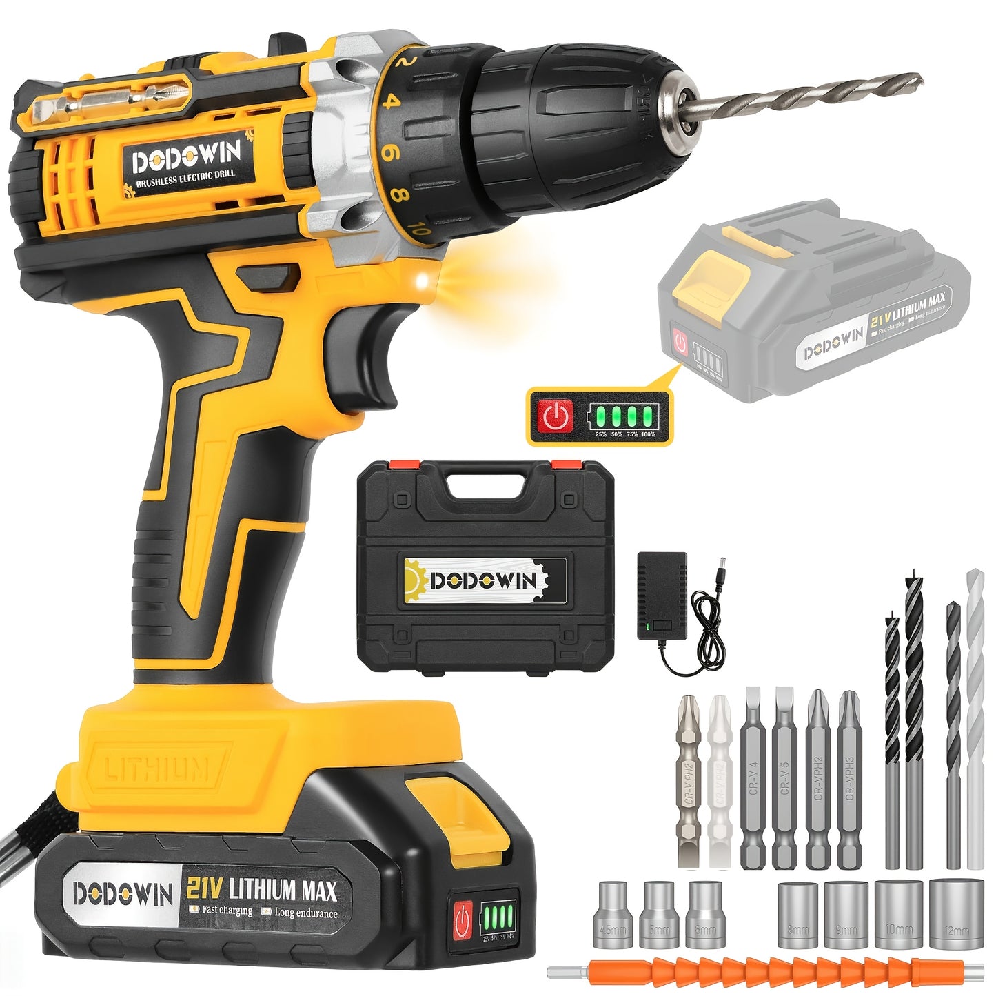 Cordless Drill Set, Lightweight & Powerful, 2 Batteries Included, Tool Case & 24pcs Accessories, 21V, Ideal for Home DIY, Repair & Gift