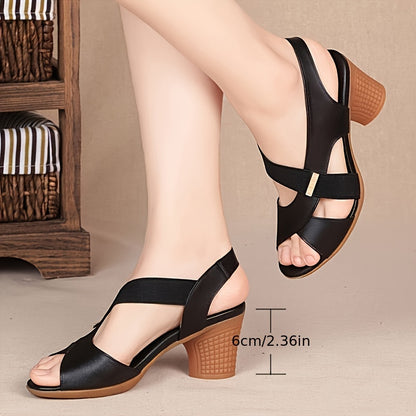 2024 Summer Comfortable Women's Sandals, Mid-Heel Fish Mouth Slip-On Chunky Heel High Heels, Solid Color Simple Style for Middle-Aged and Elderly Mothers, Women Shoes