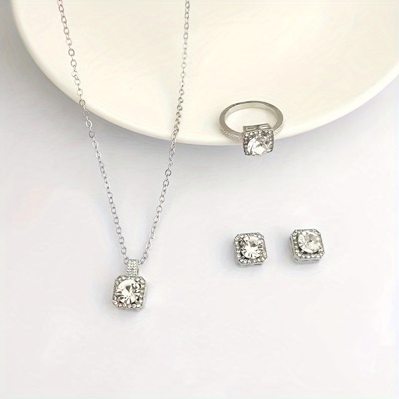 4pcs Commemorative Fashion Shining Earrings Pendant Necklace Ring Elegant And Beautiful Versatile Exquisite Gift