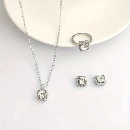 4pcs Commemorative Fashion Shining Earrings Pendant Necklace Ring Elegant And Beautiful Versatile Exquisite Gift